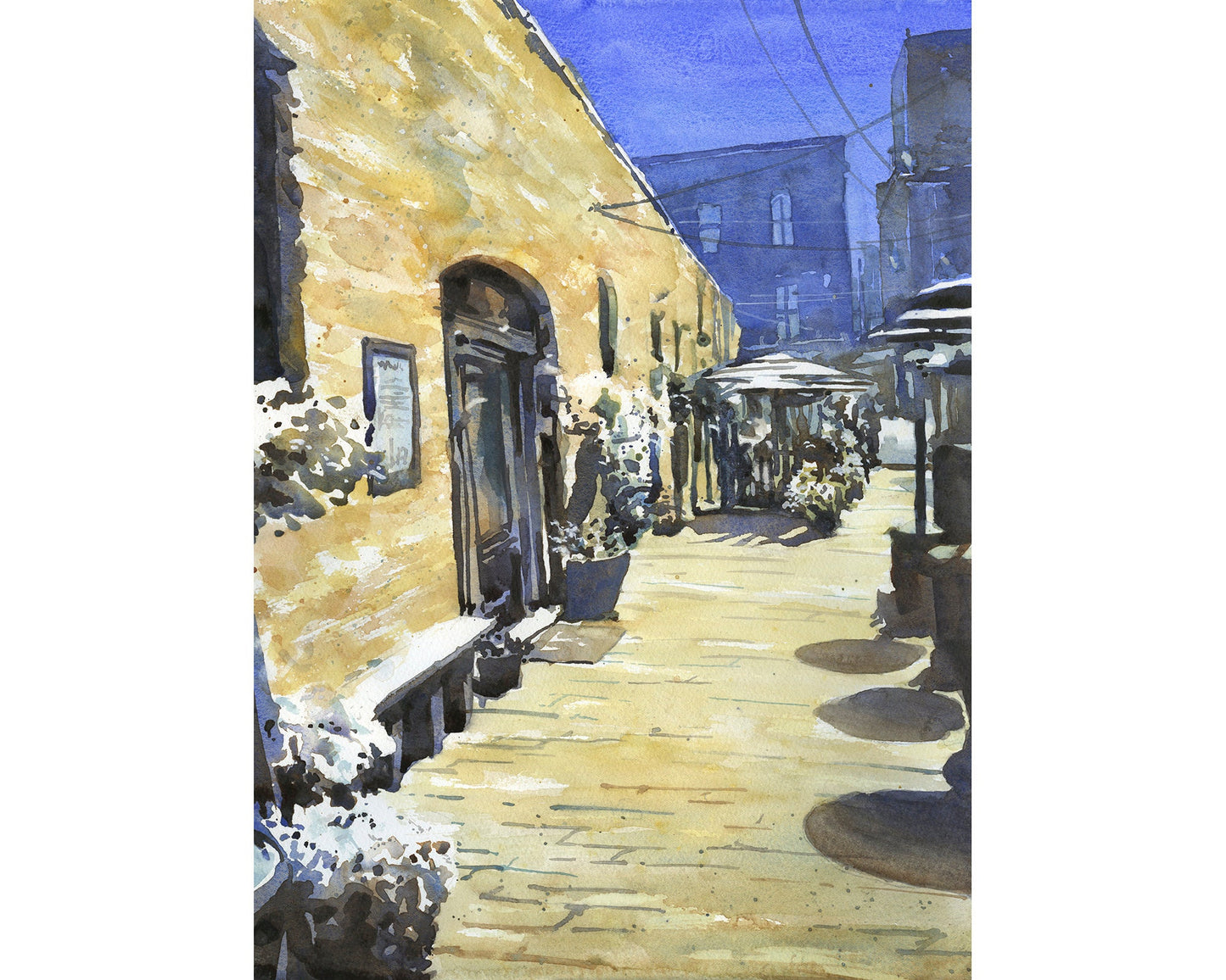 Elizabeth City, NC alleyway- Pailins Alley.  Watercolor painting of Pailins Alley in Elizabeth City, North Carolina blue yellow artwork v