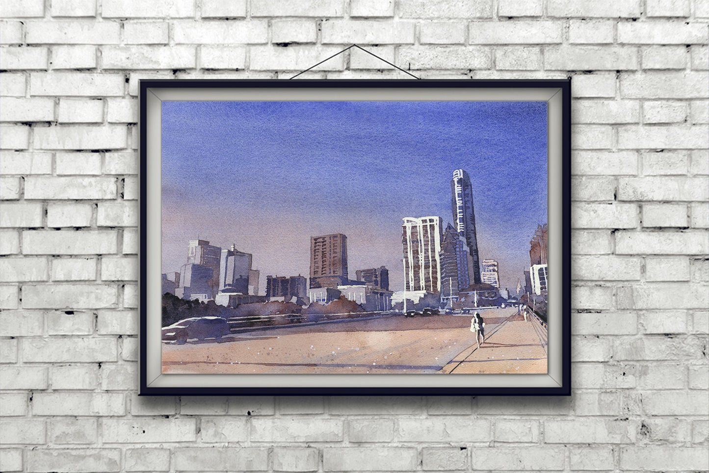 austin texas skyline artwork watercolor painting blue landscape austin artwork