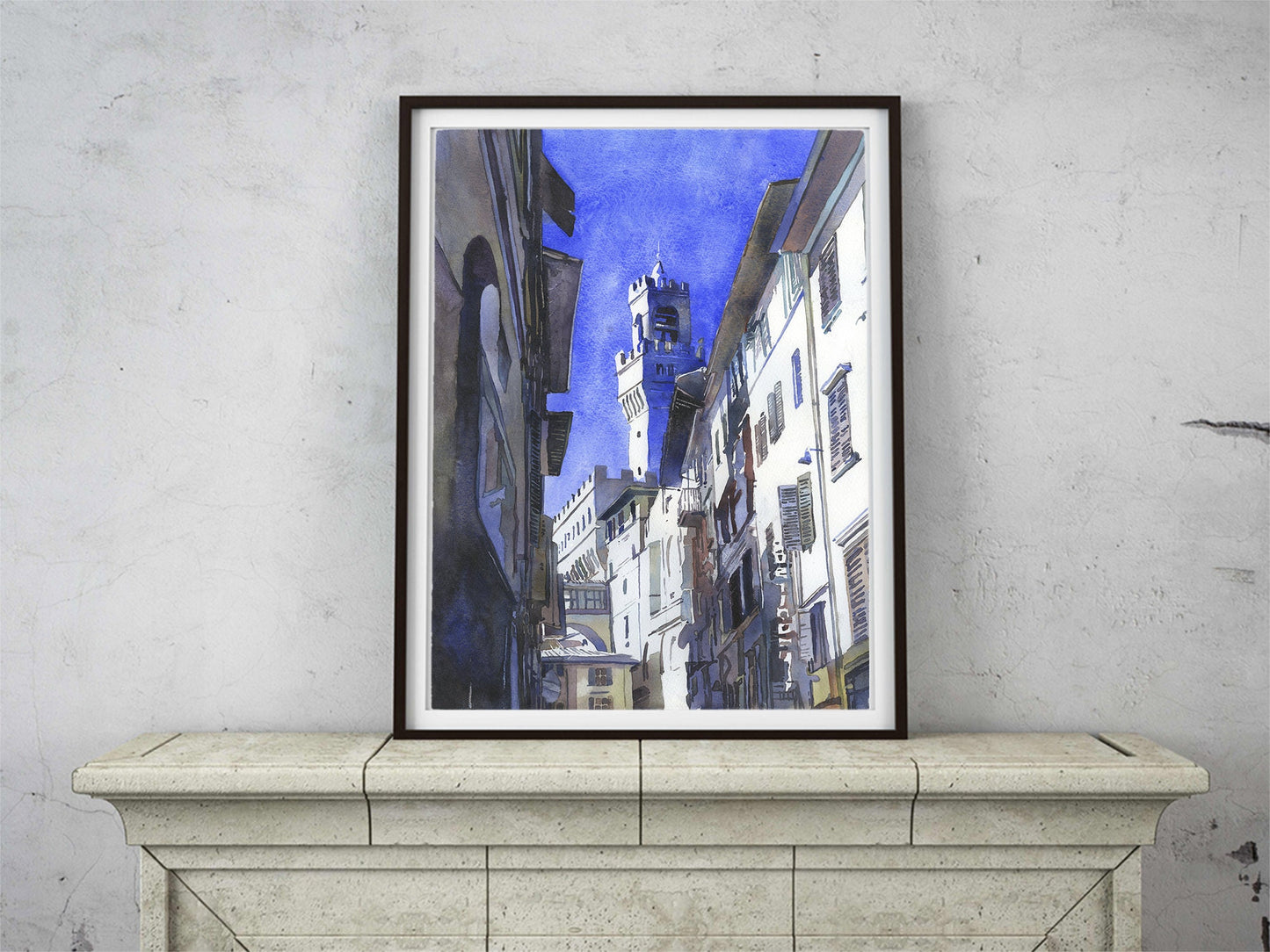 Florence cityscape- Palazzo Vecchio on Palazo Signorini during day.  Watercolor painting Florence Italy.  Italy street decor Florence art (print)