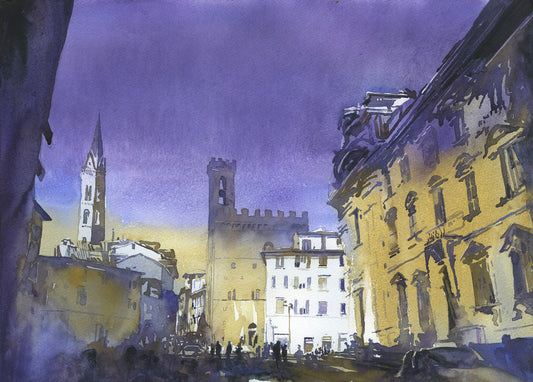 Florence cityscape- Bargello Museum during day.  Watercolor painting Florence Italy cityscape fine art Italy Tuscany purple yellow artwork (print)