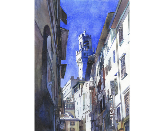 Florence cityscape- Palazzo Vecchio on Palazo Signorini during day.  Watercolor painting Florence Italy.  Italy street decor Florence art (print)