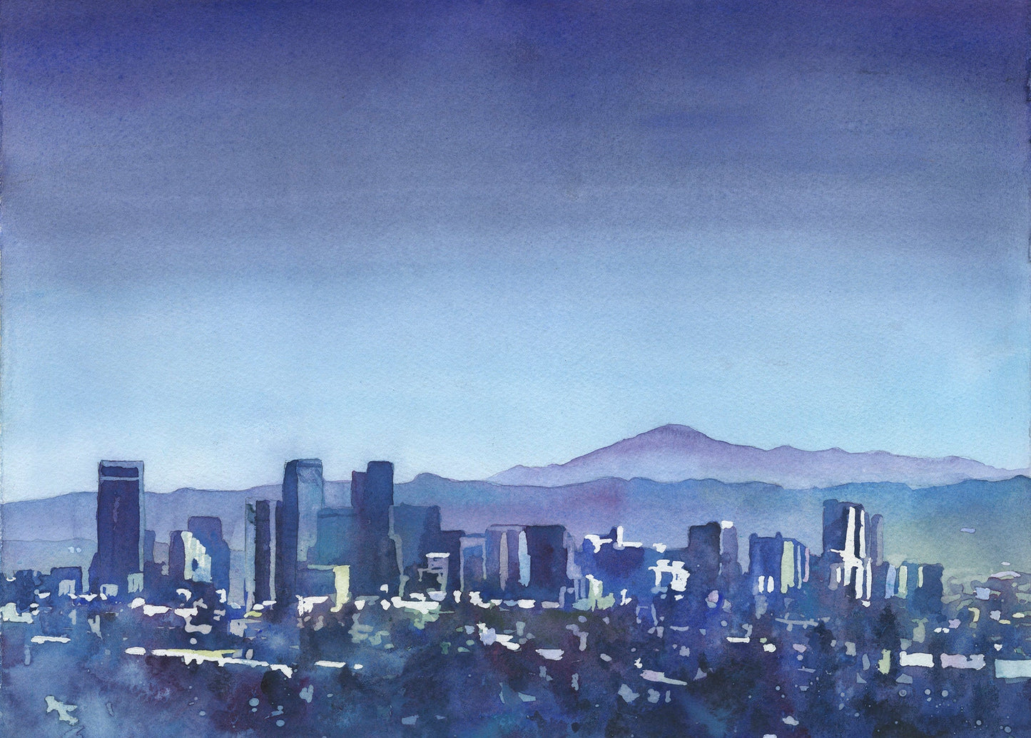 Denver, Colorado skyline at dusk with mountains in background. Denver CO skyline blue watercolor art Denver city artwork blue landscape art