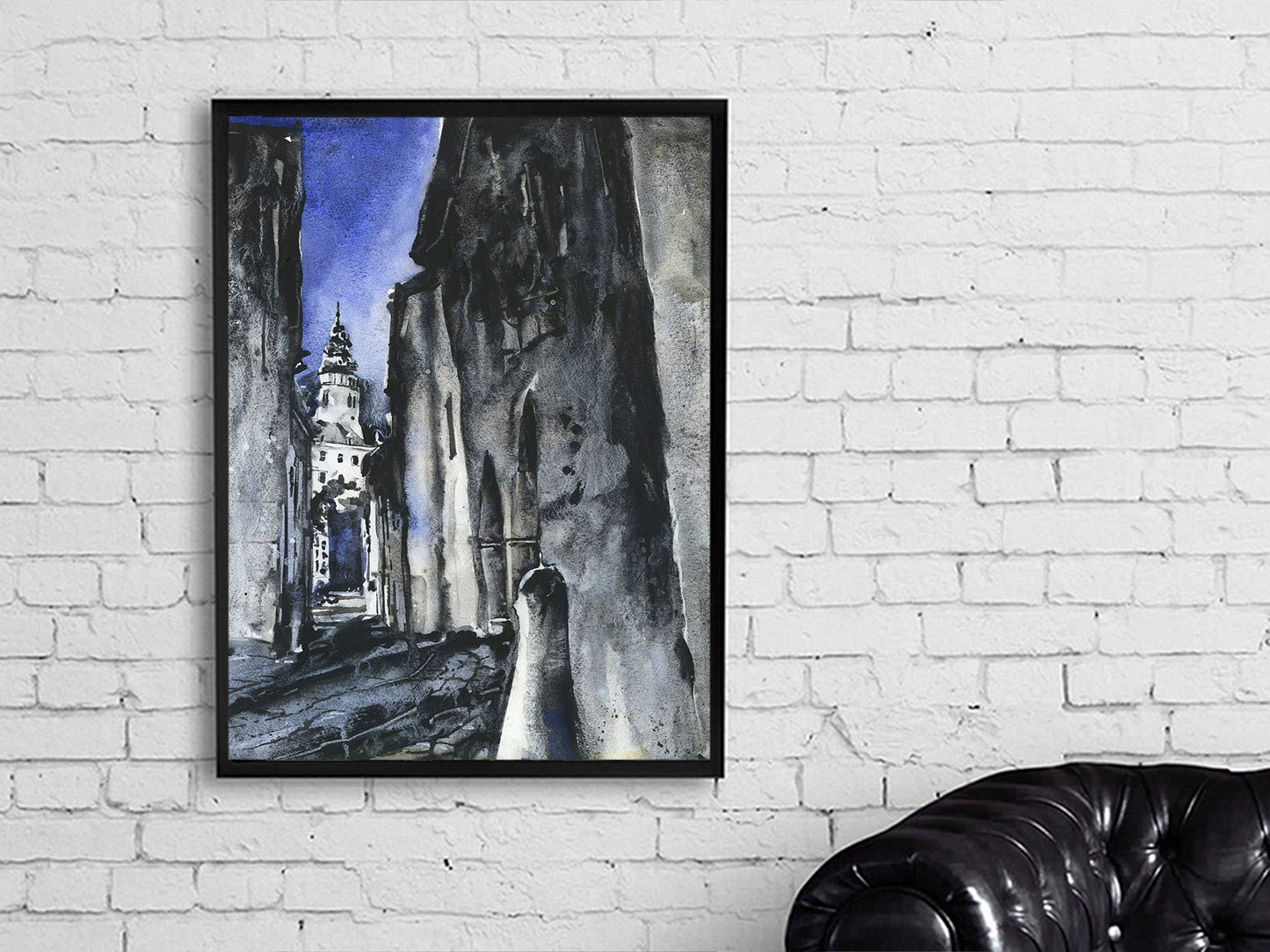 Castle rising above medieval buildings in Cesky Krumlov- Czech Republic. Monochromatic watercolor painting B&W Europe castle art (print)