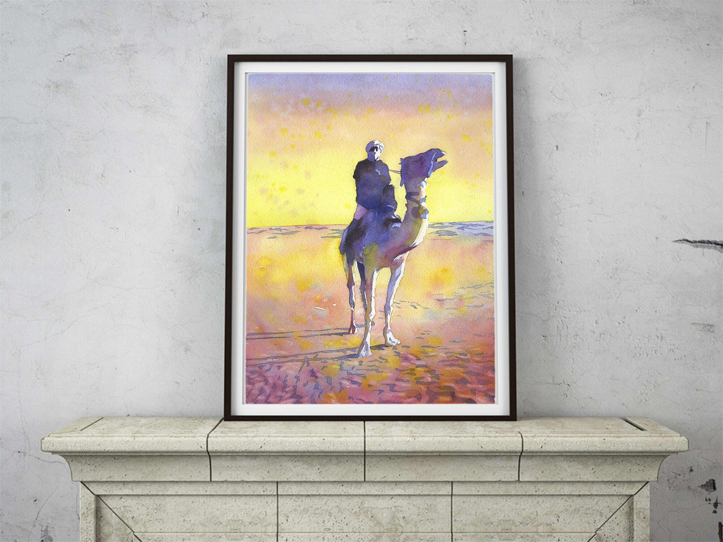 Bedouin on camel in the Sahara desert- Tozeur, Tunisia. Desert artwork Bedouin man painting colorful art Tunisia Sahara desert (print)