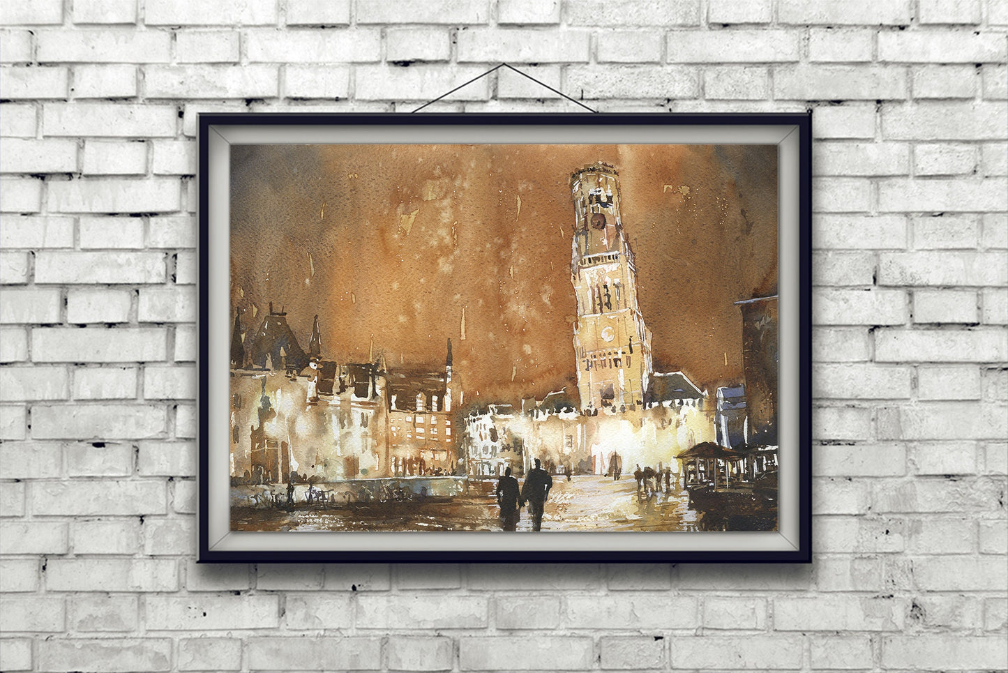 Pintura acuarela del horizonte de Brujas, Bélgica. Campanario medieval en el centro de Brujas, Bélgica. Pintura en acuarela de Brujas de noche (impresión)