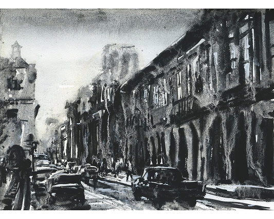 Edificios coloniales Ciudad declarada Patrimonio de la Humanidad por la UNESCO de Cuenca, Ecuador. Pintura monocromática Cuenca Ecuador Obras de arte en blanco y negro Paisaje urbano de América del Sur (impresión)