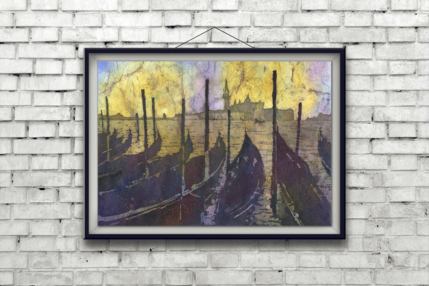 Venice, Italy gondola boats on Piazza San Marco at sunset in the medieval city of Venice- Italy.  Watercolor batik painting Venice skyline (print)