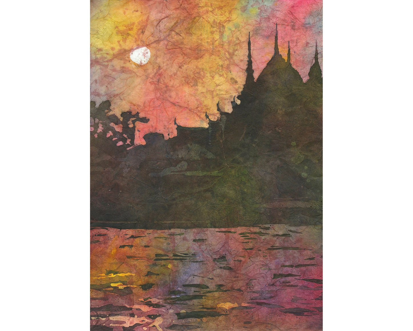 Wat Arun silhouetted at sunset from across Chao Praya river- Bangkok, Thailand. Watercolor batik painting Bangkok Thailand Buddhist temple (print)