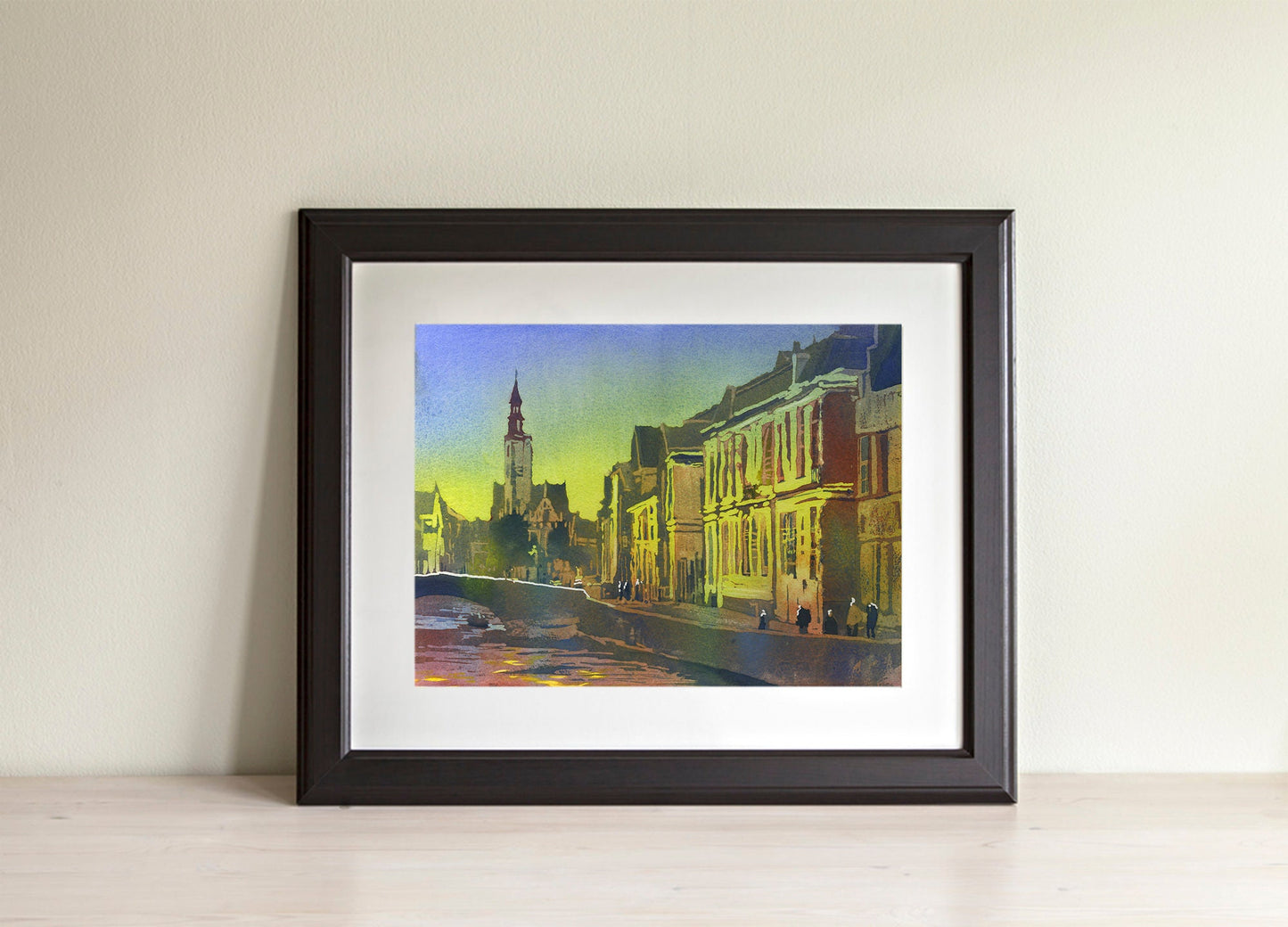 Bruges Belgium artwork. Church rising over medieval buildings of Bruges.  Watercolor painting of Bruges art colorful art print Belgium art (print)