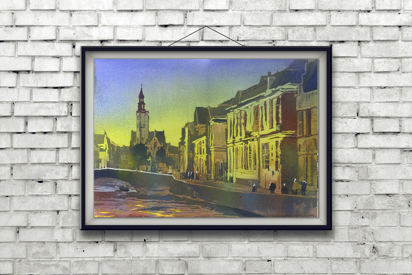 Bruges Belgium artwork. Church rising over medieval buildings of Bruges.  Watercolor painting of Bruges art colorful art print Belgium art (print)