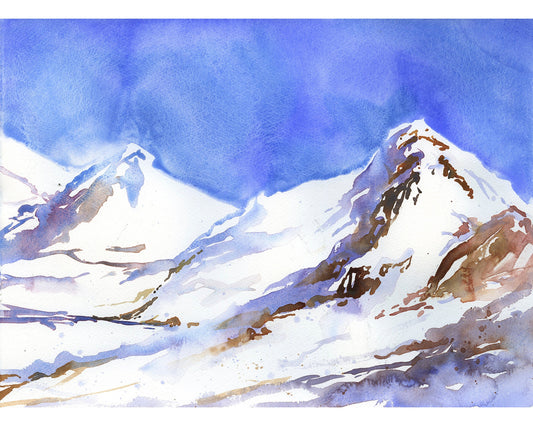 Swiss Alps watercolor landscape painting. Watercolor of snow covered mountains in Switzerland.