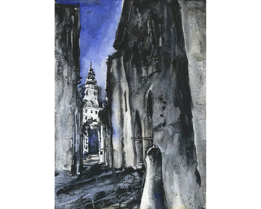 Castillo que se eleva sobre edificios medievales en Cesky Krumlov, República Checa. Pintura de acuarela monocromática B&W Europa arte del castillo (impresión)