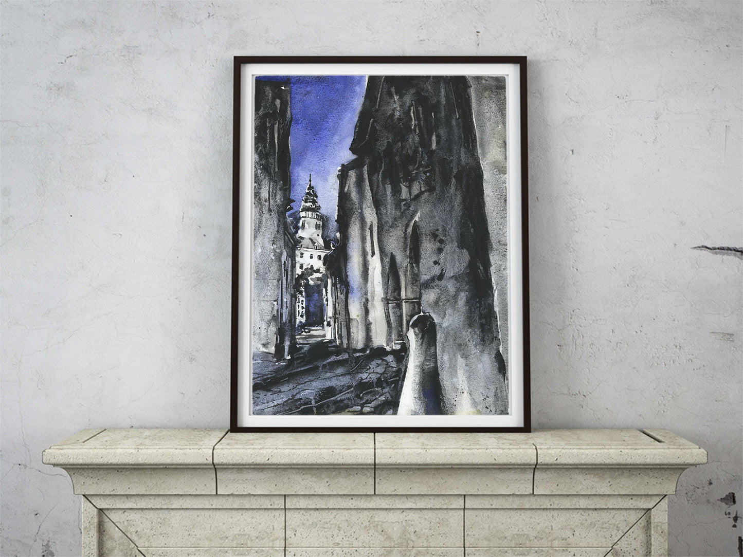 Castle rising above medieval buildings in Cesky Krumlov- Czech Republic. Monochromatic watercolor painting B&W Europe castle art (print)