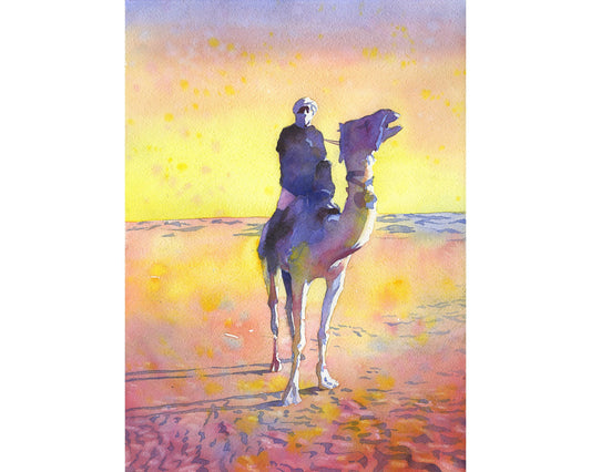 Bedouin on camel in the Sahara desert- Tozeur, Tunisia. Desert artwork Bedouin man painting colorful art Tunisia Sahara desert (print)