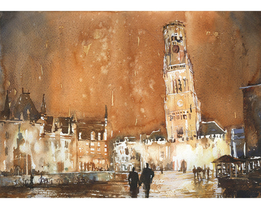 Bruges, Belgium skyline watercolor painting.  Medieval bell tower in the centre of Bruges, Belgium.  Watercolor painting of Bruges at night (print)