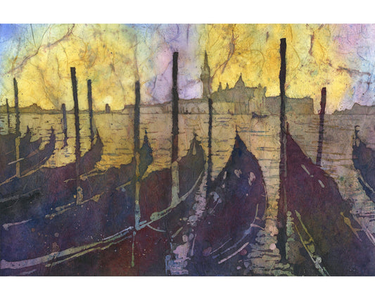 Venice, Italy gondola boats on Piazza San Marco at sunset in the medieval city of Venice- Italy.  Watercolor batik painting Venice skyline (print)