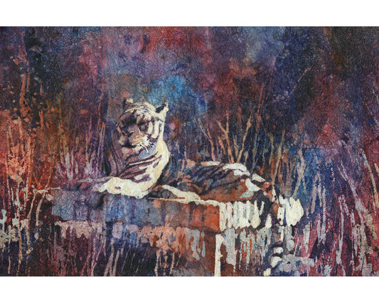 Tiger lying on bench at rescue center. Watercolor batik of tiger outside colorful tiger painting artwork big cat decor. Original watercolor