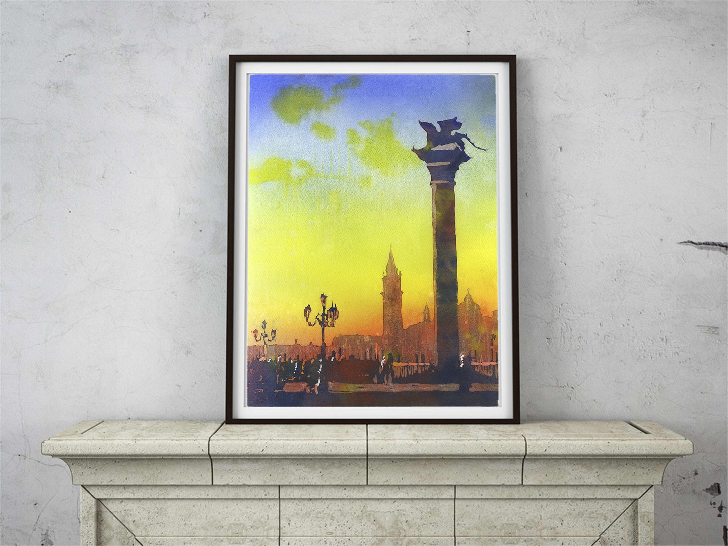 Lion of San Marco statue in Piazza di San Marco at dawn-Venice, Italy. Watercolor painting Venice skyline artwork colorful watercolor Venice (print)