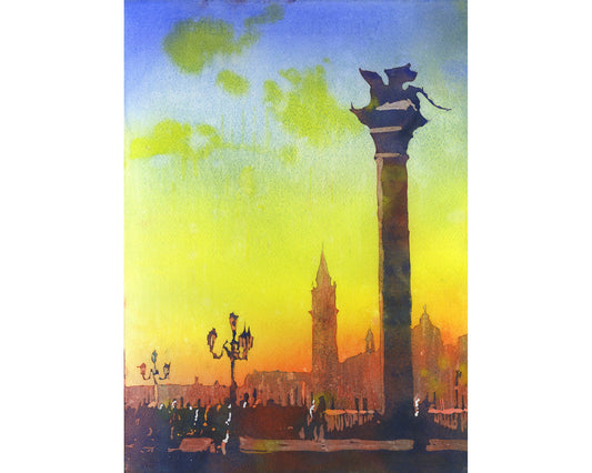 Lion of San Marco statue in Piazza di San Marco at dawn-Venice, Italy. Watercolor painting Venice skyline artwork colorful watercolor Venice (print)
