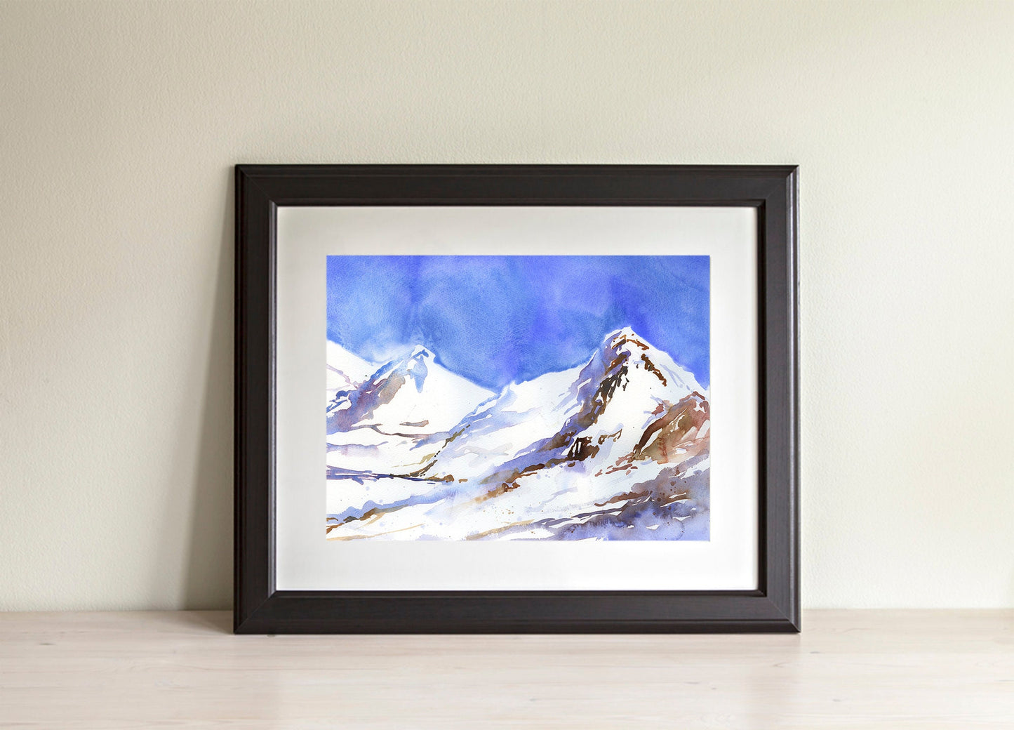 Swiss Alps watercolor landscape painting.  Watercolor of snow covered mountains in Switzerland.  Swiss alps snowing landscape artwor print