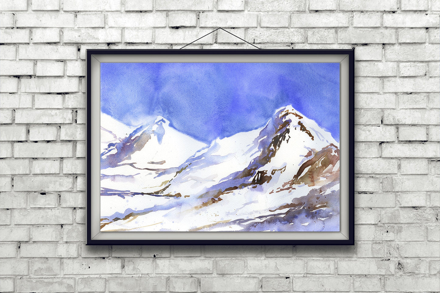 Swiss Alps watercolor landscape painting.  Watercolor of snow covered mountains in Switzerland.  Swiss alps snowing landscape artwor print