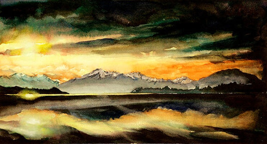 New Zealand watercolor painting of lake & mountains at sunset- New Zealand watercolor print, art New Zealand, landscape painting (print)