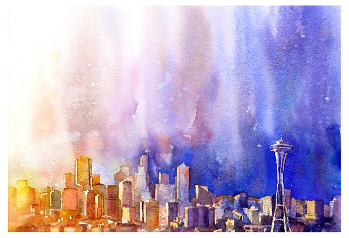 Seattle, Washington skyline w/ Space Needle at sunset.  Seattle artwork.  Watercolor painting Seattle.  Seattle fine art print watercolor