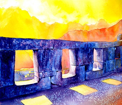 A tranquil view of Machu Picchu from above, rendered in soft watercolor tones—this Sacred Valley Peru painting makes a meaningful travel gift for him or her.