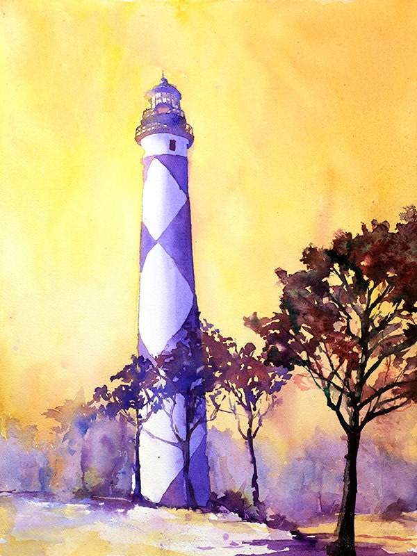 Cape Lookout lighthouse at sunset on the Outer Banks of North Carolina Lighthouse art watercolor, landscape art lighthouse (print)