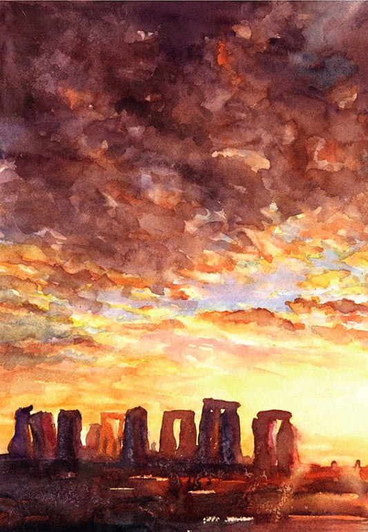 Puesta de sol perfilando las ruinas monolíticas de Stonehenge, Reino Unido. Pintura del arte de Stonehenge. Stonehenge en acuarela. Pintura de acuarela