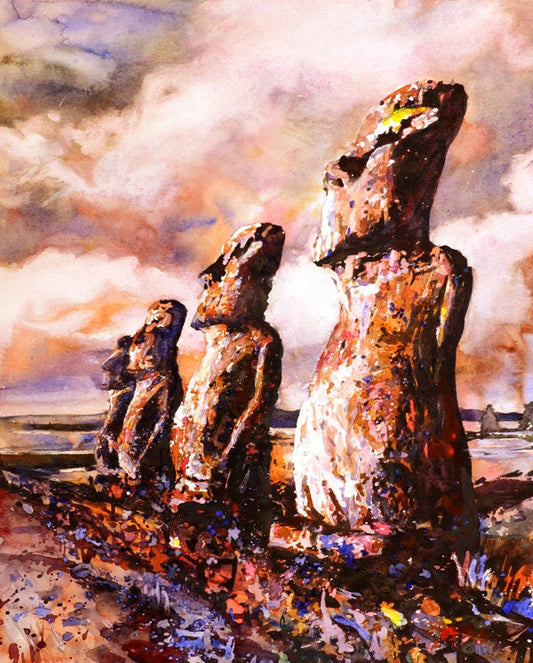 Moai statues on Easter Island- Chile,  Easter Island art, Easter Island watercolor painting Moai statue, watercolor Moai painting (print)