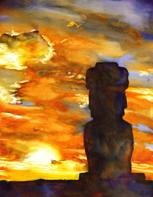 Moai statue silhouetted at sunset on Easter Island, Chile. Sunrise Easter Island art watercolor landscape painting moai (print)