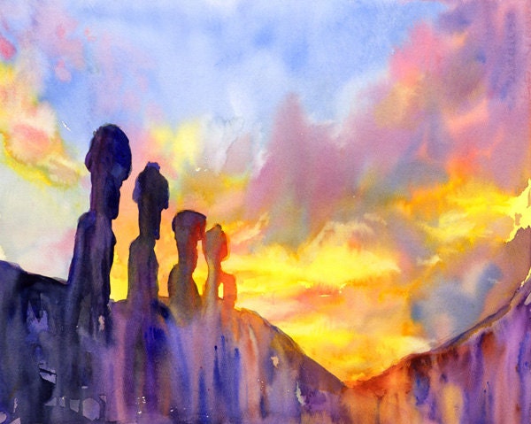 Sunrise on island of Easter Island- Chile. Watercolor Easter Island painting.  Watercolor painting Moai statue Easter Island ruins photo (print)