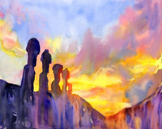 UNESCO World Heritage Moai watercolor painting created by Raleigh, NC painter Ryan Fox—stunning Chile-inspired decor for hallways, studios, or reading nooks.