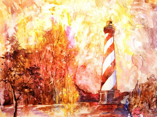 Cabo Hatteras al atardecer en Outer Banks de Carolina del Norte- EE.UU., Pintura en acuarela, Arte del faro, pintura en acuarela arte del faro (impresión)