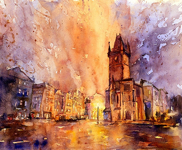 Church in city of Prague at sunset- Czech Republic.  Fine art watercolor painting of church in Prague, home decor Prague (print)