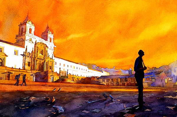 Quito Ecuador skyline watercolor landscape print