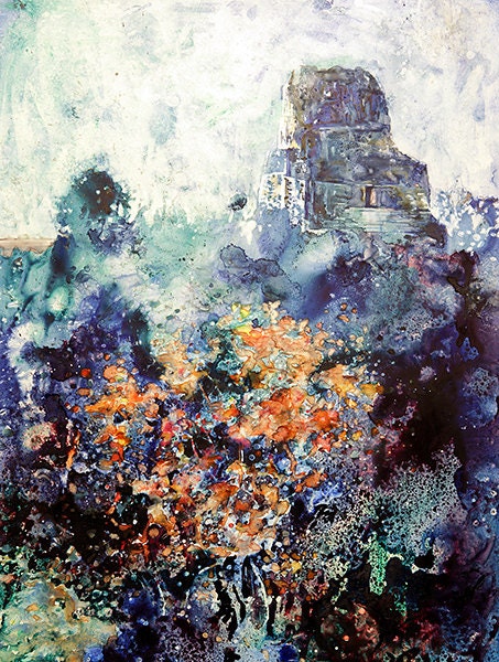 Painting of ruined Mayan temples & jungle-Tikal, Guatmala, Art Tikal ruins watercolor Guatemala print, Watercolor landscape fine art (print)
