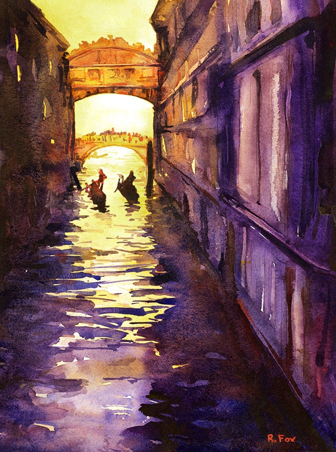 Bridge of Sighs silhouetted at sunset w/ gondolier in Venice, Italy.  Bridge of Sighs painting, Venice Italy home decor, fine art (print)