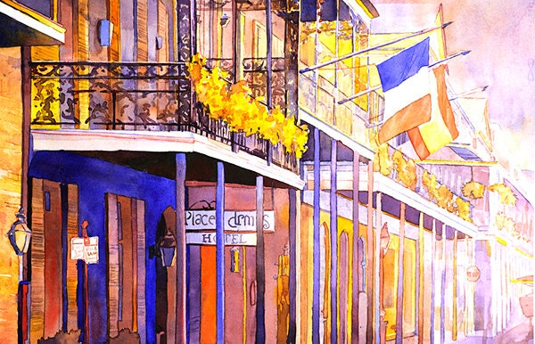 New Orleans watercolor painting- Louisiana.  Watercolor art of the French Quarter in New Orleans, watercolor French Quarter artwork (print)