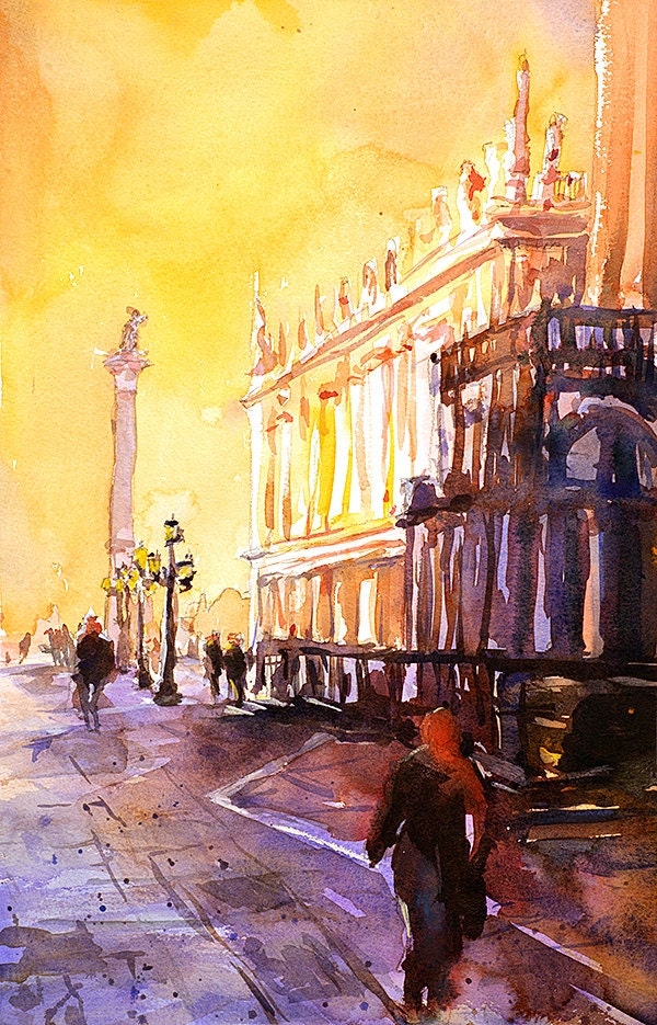 St. Marks Square at sunset in Venice, Italy, Venice painting, landscape Venice Italy art watercolor painting Venice art (print)