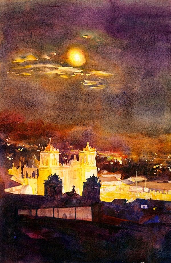 Cusco, Peru painting of Plaza de Armas Cathedral at night.  Watercolor fine art print home decor Peru painting watercolor yellow church (print)