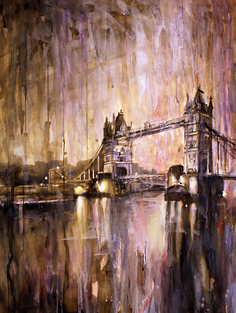 Tower Bridge sobre el río Támesis al atardecer en la ciudad de Londres-Reino Unido, arte Londres acuarela pintura pared impresión, Tower Bridge pared arte impresión