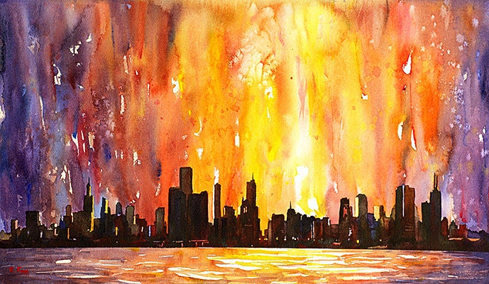 Fine art watercolor painting of downtown Chicago, Illinois (USA) skyline at dawn as viewed from Lake Michigan