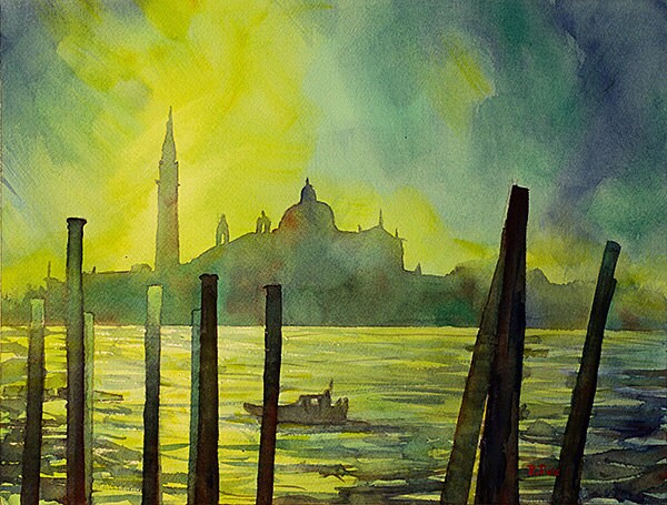 Watercolor painting of San Giorgio Maggiore church in Venice, Italy, Venice fine art Italy watercolor art gondola print Venice painting art