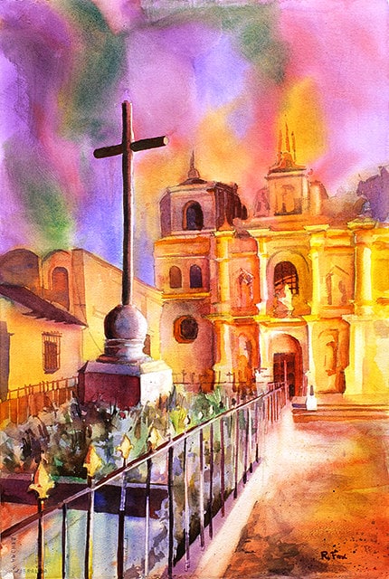 Iglesia en Antigua, Guatemala Arte Antigua pintura Acuarela Antigua Guatemala arte Acuarela impresión Iglesia de arte colorido (impresión)