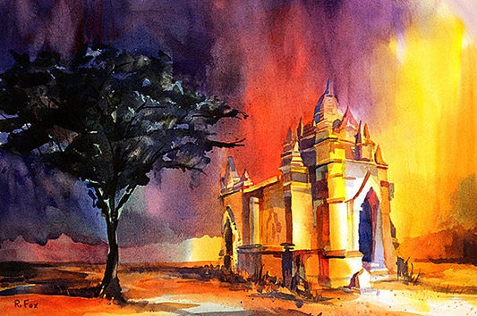 Ruined temple in city of Bagan (Pagan), Myanmar. Watercolor painting Myanmar art Bagan. Colorful art print fine art watercolor painting ruin