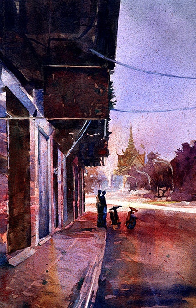 Painting of Royal Palace  and French colonial architecture of street at dusk in city of Phnom Penh- Cambodia.  Watercolor painting Cambodia (print)