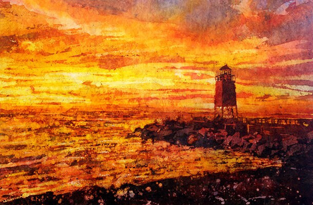 Lighthouse at Charlevoix, Michigan silhouetted at sunset Lake Michigan- USA.  Art lighthouse painting landscape.  Watercolor batik painting (print)