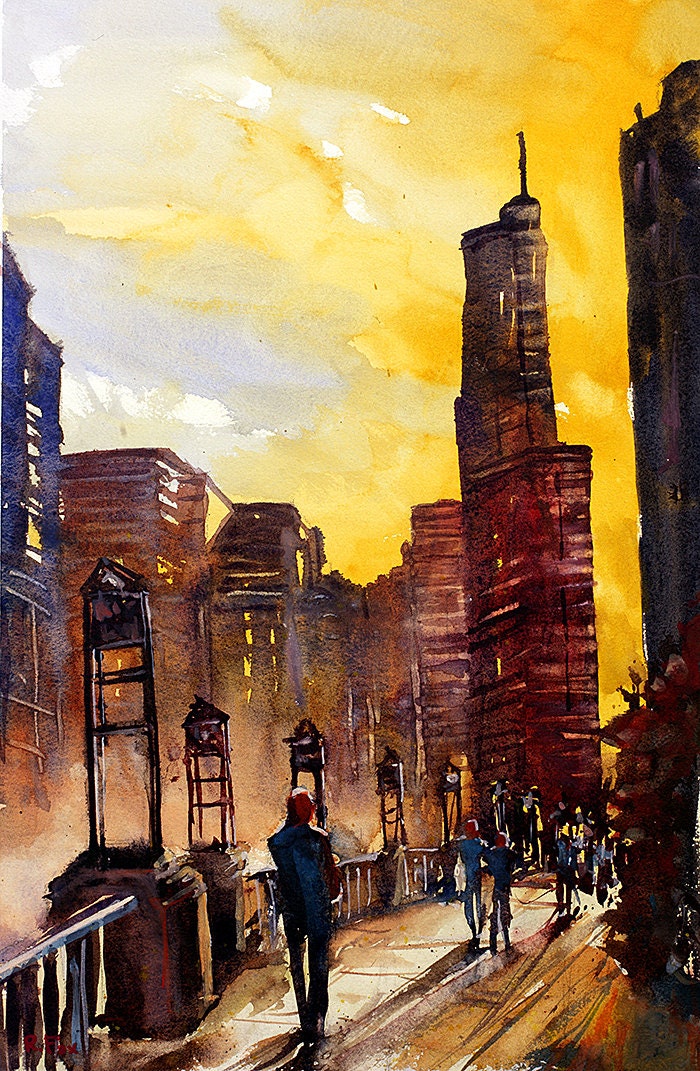 Plein air watercolor painting of skyscrapers in downtown Chicago, Illinois- USA